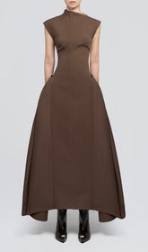 Sophisticated Brown A-Line Maxi Dress with Unique Asymmetric Neck & Side Hardware
