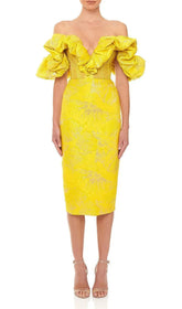 Radiant Yellow Jacquard Off-Shoulder Midi Dress with Statement Ruffle Sleeves