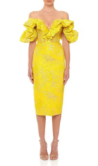 Radiant Yellow Jacquard Off-Shoulder Midi Dress with Statement Ruffle Sleeves