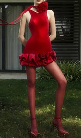 Siren Red Chamois Ruffle Mini Dress