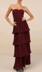 Ensio Wine Strapless Tiered Pleated Maxi Dress