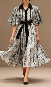 Sophisticated Puff-Sleeve Printed Midi Dress with Tie-Waist