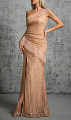 Genevra Glamorous One-Shoulder Lace Maxi Gown with High Slit