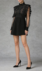Jorden Black Lace Mock Neck Mini Dress with Sheer Sleeves