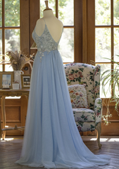 Light Blue Tulle V-neckline Straps with Lace Long Party Dress