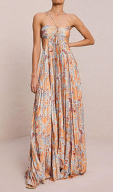 Dorisa Boho Chic Printed Pleated Backless Maxi Dress