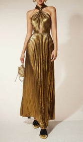 Frazilia Glam Gold Pleated Halter Cutout Maxi Dress