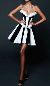 Clodia Chic Strapless Floral & Striped A-Line Bandage Mini Dress