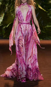 Etana Vibrant Pink Feather Print Halter Maxi Dress