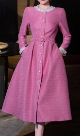 Chic Pink Sparkle Tweed Long Sleeve Belted Midi Dress