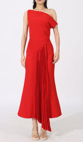 Eren Elegant Red One-Shoulder Pleated Maxi Dress