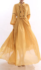 Jeseray Golden Yellow Pleated Maxi Dress