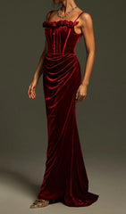 Chimene Wine Velvet Floral Corset Maxi Gown