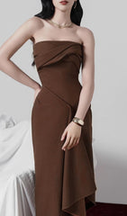 Gali Elegant Strapless Asymmetrical Brown Midi Dress