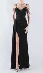 Chofa Black Beaded Corset Maxi Dress