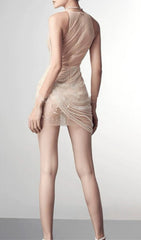 Demetria Apricot Pearl Halter Corset Mesh Mini Dress