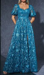 Stunning Dione Blue Floral Lace Maxi Dress with Puff Sleeves & Slit