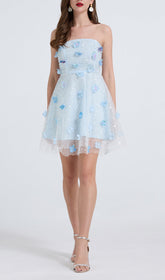 Dilys Dreamy Blue Floral Sequin Strapless Mini Dress