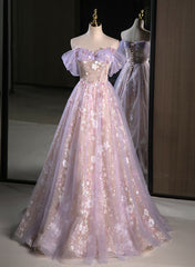 Light Purple A-line Tulle with Floral Long Prom Dress