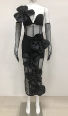 Estella Black Bow Mesh Strapless Bodycon Midi Dress