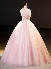Vestido formal largo de tul rosa con encaje floral