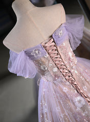Light Purple A-line Tulle with Floral Long Prom Dress
