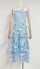Dreamy 3D Floral Tiered Strapless Midi Dress