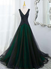 Elegante vestido de fiesta de tul con escote en V negro y verde