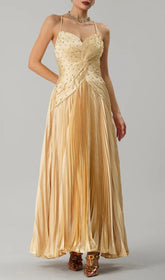 Jagtopo Elegant Champagne Gold Twisted Bodice Pleated Maxi Evening Gown
