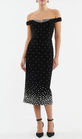 Carolyn Elegant Off-Shoulder Black Midi Dress