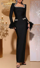 Harena Glamorous Black Diamante Bandage Maxi Dress with Feather Cuffs