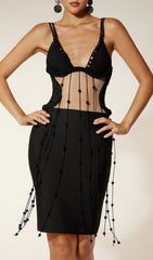 Einav Seductive Beaded Fringe Sheer Panel Bandage Mini Dress
