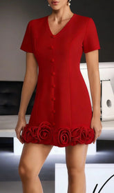 Ferdy Chic Red V-Neck Mini Dress with 3D Rose Hem Detail