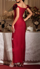 Finella Glamorous Red Off-Shoulder 3D Floral Embellished Maxi Gown with Slit