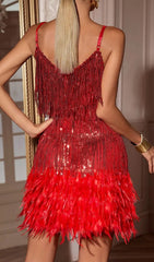 Csilla Dazzling Red Sequin Tassel Feather Mini Dress