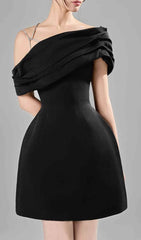 Cara Black Ruched Off-Shoulder Mini Dress with Sparkle Strap