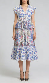 Jamiya Blue Floral Ruffle Midi Dress