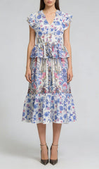 Jamiya Blue Floral Ruffle Midi Dress