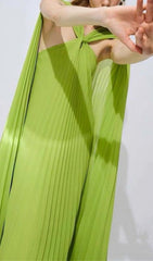 Ellaruth Vibrant Green Pleated Halter Maxi Dress with Cape Detail