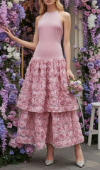 Jonila Romantic Pink Halter Midi Dress with Tiered 3D Rose Appliqu Skirt