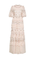 Enchanted Garden Floral Embroidered Ruffle Tulle Maxi Dress