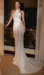Gauge White Lace Halter Neck Maxi Wedding Dress