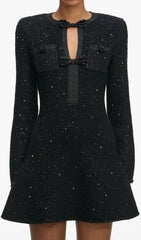 Dazzling Black Sequin Knit Mini Dress with Chic Bow Cut-Out