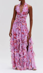 Delicah Enchanting Lavender Pink Floral Ruffle Halter Maxi Dress