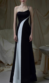 Erika Black & White Asymmetrical Embellished Maxi Dress