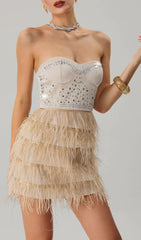 Jagtopa Strapless Rhinestone Feather Fringe Mini Dress