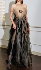 Ethereal Rosette Mesh Ruffle Maxi Gown