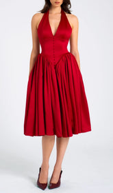 Chrissy Red Plunging Halter Backless Midi Dress