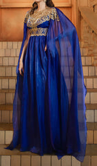 Dayana Sapphire Blue Gold Lace Maxi Gown with Ethereal Cape