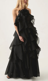 Cambree Elegant Black Halter Ruffle Maxi Dress
